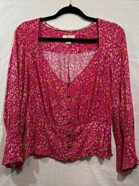 Anthropologie Maeve Top Womens S Boho Pink Floral Ruffle Button Festival Brunch